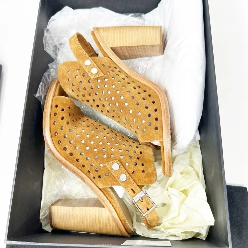 RAG & BONE BROWN SUEDE WYATT PERFORATED SANDAL STACKED HEEL BOOTIE WOMENS SZ 8.5